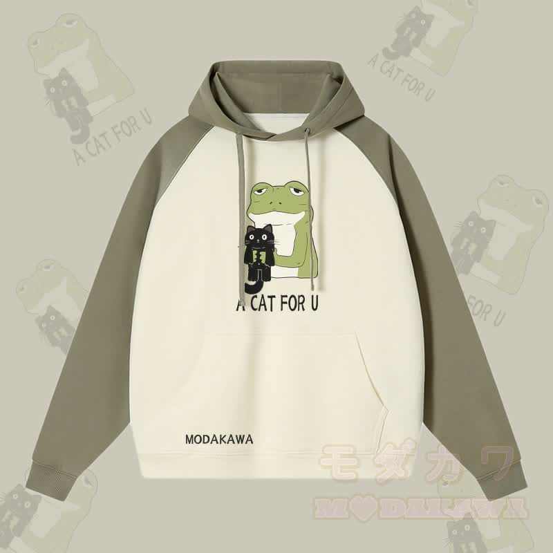 A CAT FOR U – Kapuzenpullover mit Frosch-Umarmung und schwarzer Katze, Grafik, Streetwear, Farben - Grün & Aprikose - 3XL - image 2