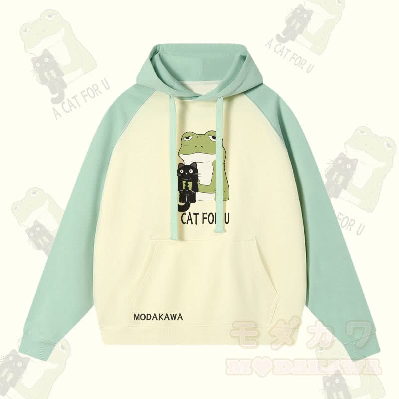 A CAT FOR U – Kapuzenpullover mit Frosch-Umarmung und schwarzer Katze, Grafik, Streetwear, Farben - Hellgrün&Aprikose - 3XL - image 1