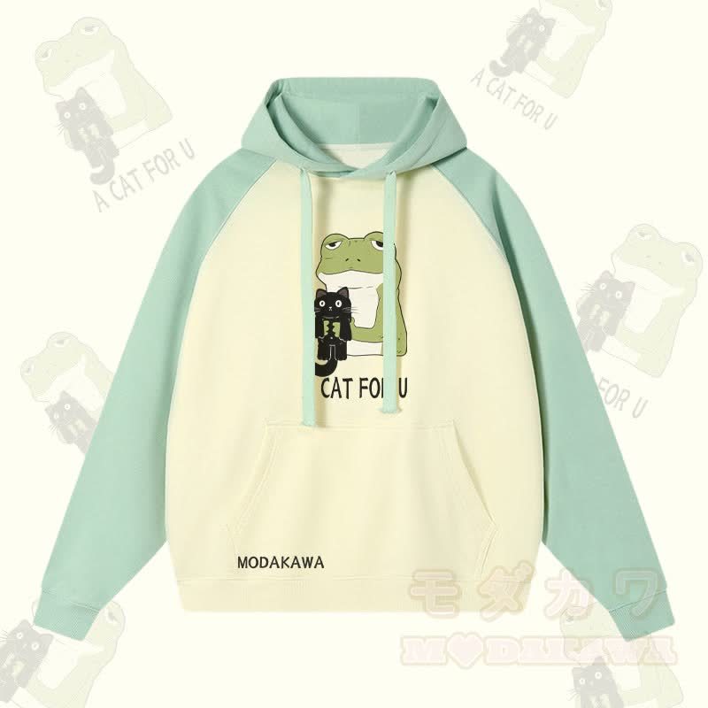 A CAT FOR U – Kapuzenpullover mit Frosch-Umarmung und schwarzer Katze, Grafik, Streetwear, Farben - Hellgrün&Aprikose - 3XL - image 1