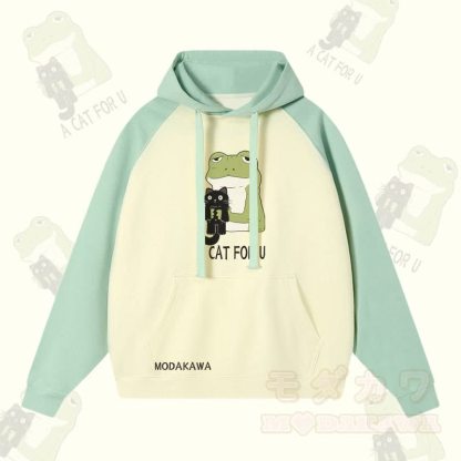 A CAT FOR U – Kapuzenpullover mit Frosch-Umarmung und schwarzer Katze, Grafik, Streetwear, Farben - Hellgrün&Aprikose - 3XL - image 1