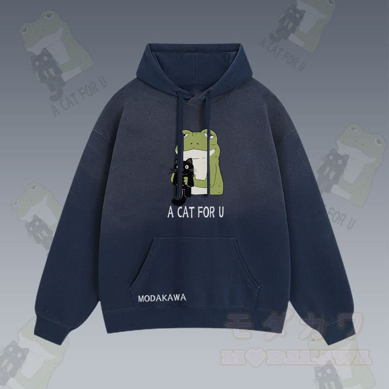 A CAT FOR U – Streetwear-Hoodie mit Frosch-Umarmung und schwarzer Katze, Grafik und Farbverlauf - Purpurblau - 2XL - image 4