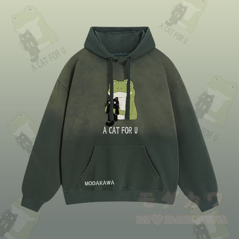 A CAT FOR U – Streetwear-Hoodie mit Frosch-Umarmung und schwarzer Katze, Grafik und Farbverlauf - Grün - 2XL - image 2
