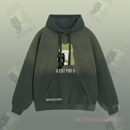 A CAT FOR U – Streetwear-Hoodie mit Frosch-Umarmung und schwarzer Katze, Grafik und Farbverlauf - Grün - 2XL - image 2