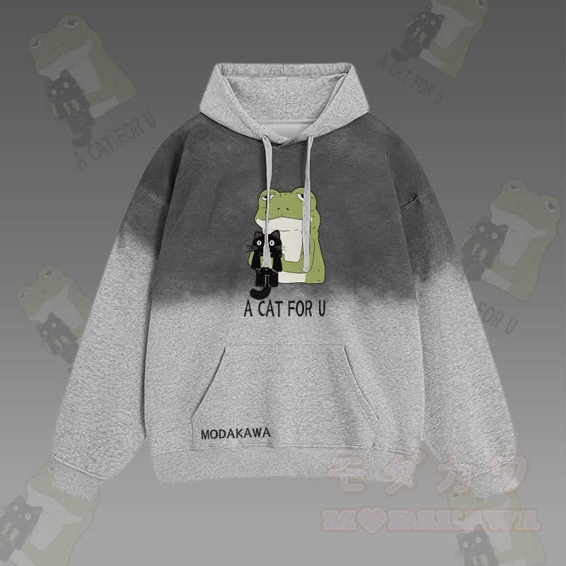 A CAT FOR U – Streetwear-Hoodie mit Frosch-Umarmung und schwarzer Katze, Grafik und Farbverlauf - Grau - 2XL - image 3