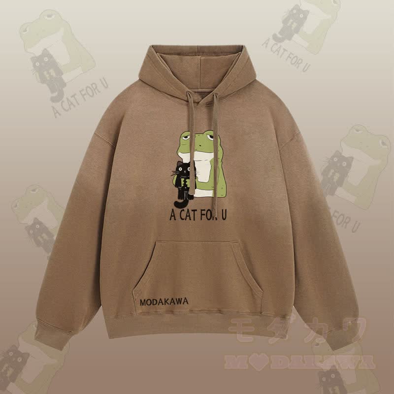 A CAT FOR U – Streetwear-Hoodie mit Frosch-Umarmung und schwarzer Katze, Grafik und Farbverlauf - Braun - 2XL - image 1
