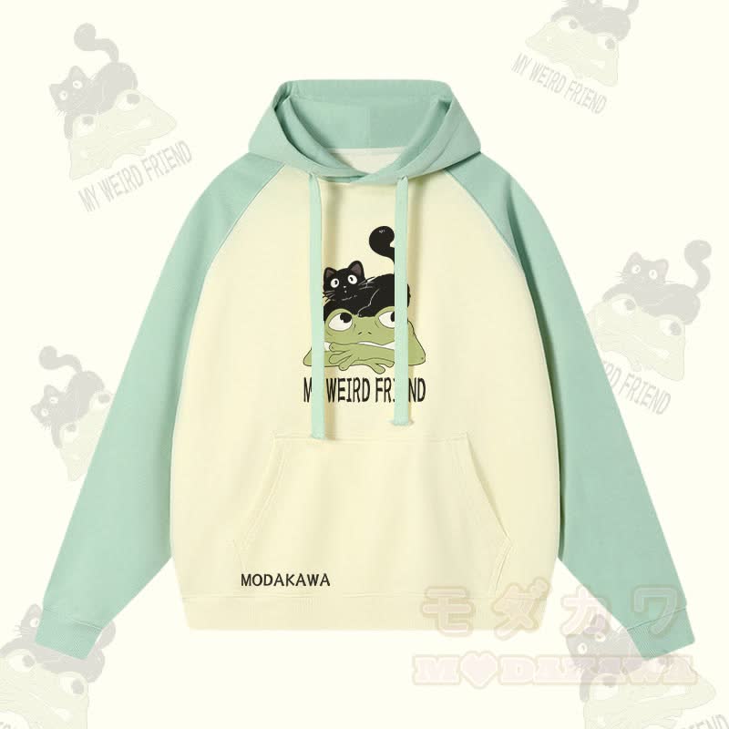 MY WEIRD FRIEND Streetwear-Kapuzenpullover mit schwarzer Katzen-Frosch-Grafik und Farben - Hellgrün&Aprikose - 3XL - image 2