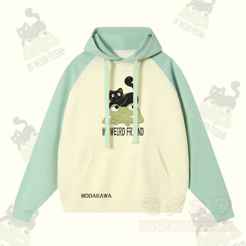 MY WEIRD FRIEND Streetwear-Kapuzenpullover mit schwarzer Katzen-Frosch-Grafik und Farben - Hellgrün&Aprikose - 3XL - image 2