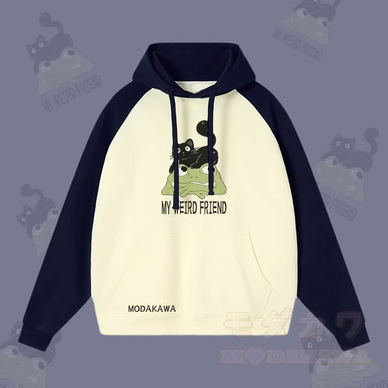 MY WEIRD FRIEND Streetwear-Kapuzenpullover mit schwarzer Katzen-Frosch-Grafik und Farben - Purpurblau & Aprikose - 3XL - image 1