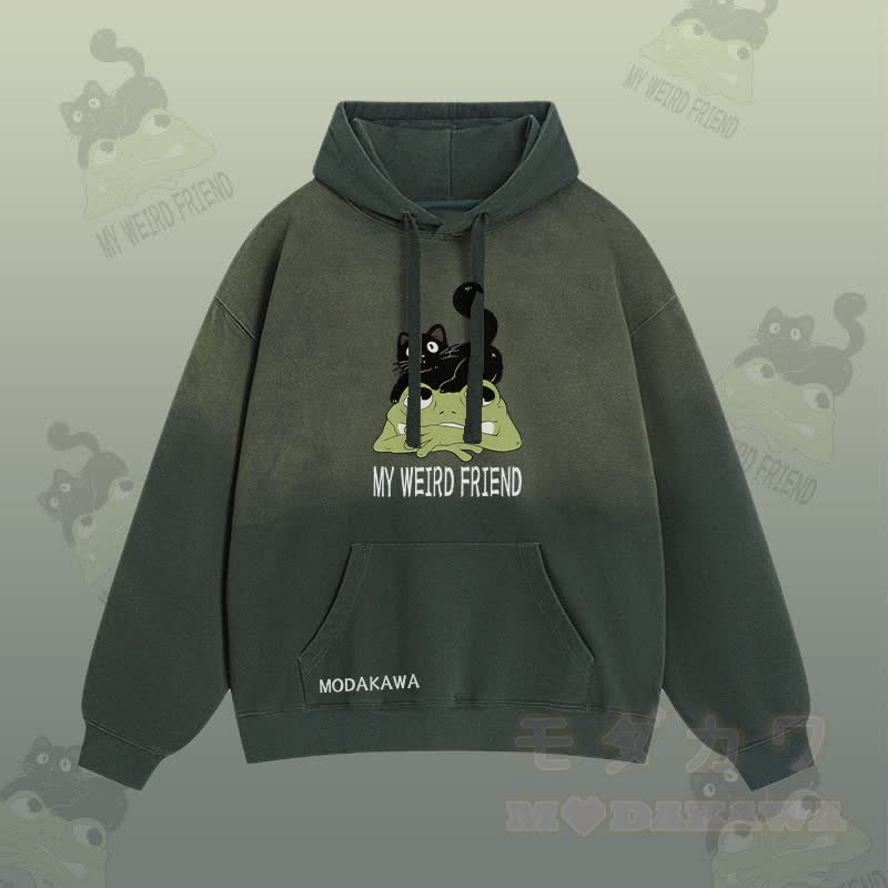 MY WEIRD FRIEND Streetwear-Hoodie mit schwarzer Katze und Frosch-Grafik und Farbverlauf - Grün - 2XL - image 1