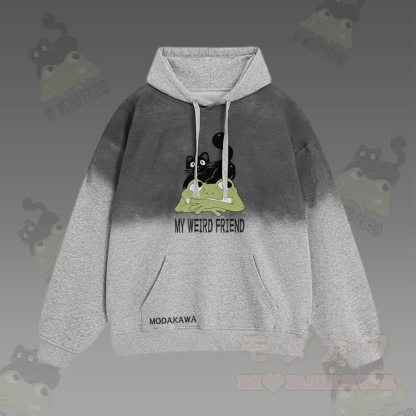 MY WEIRD FRIEND Streetwear-Hoodie mit schwarzer Katze und Frosch-Grafik und Farbverlauf - Grau - 2XL - image 2
