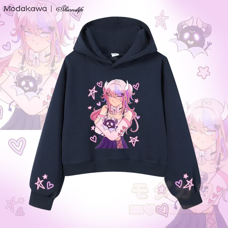 MODAKAWA X Shionslife – Kurzer Baumwoll-Hoodie mit Ironmouse- und Bubi-Grafik - Purpurblau - 3XL - image 1