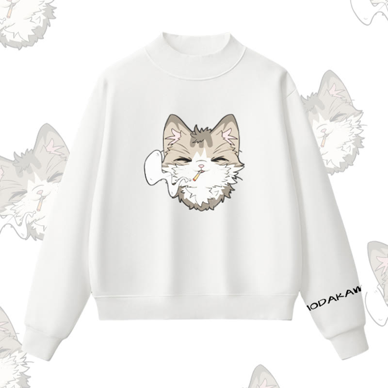 MODAKAWA Sweatshirt mit Raucherkatzen-Motiv und Fleece-Futter - White - L - image 3