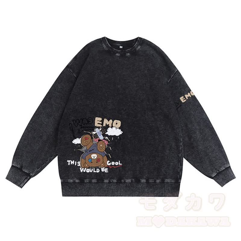 MODAKAWA I WAS EMO Upside Down Bear Graphic Unisex Vintage Washed Sweatshirt - Schwarz - 3XL - image 2
