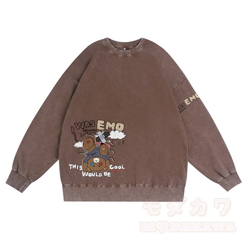 MODAKAWA I WAS EMO Upside Down Bear Graphic Unisex Vintage Washed Sweatshirt - Braun - 3XL - image 1