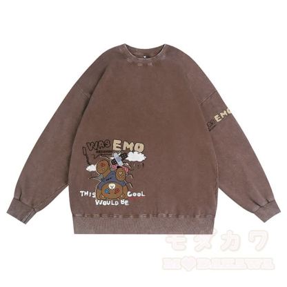 MODAKAWA I WAS EMO Upside Down Bear Graphic Unisex Vintage Washed Sweatshirt - Braun - 3XL - image 1