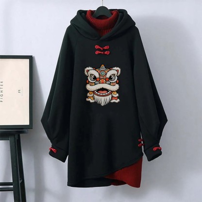 MODAKAWA Kapuzenpullover mit Löwenkopf-Grafik und Schnalle im Vintage-Stil - Black - 3XL - image 1