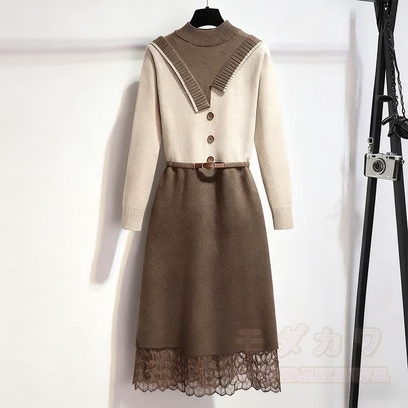 Spitzenstrickgürtel-Pulloverkleid - Braun - XL - image 1