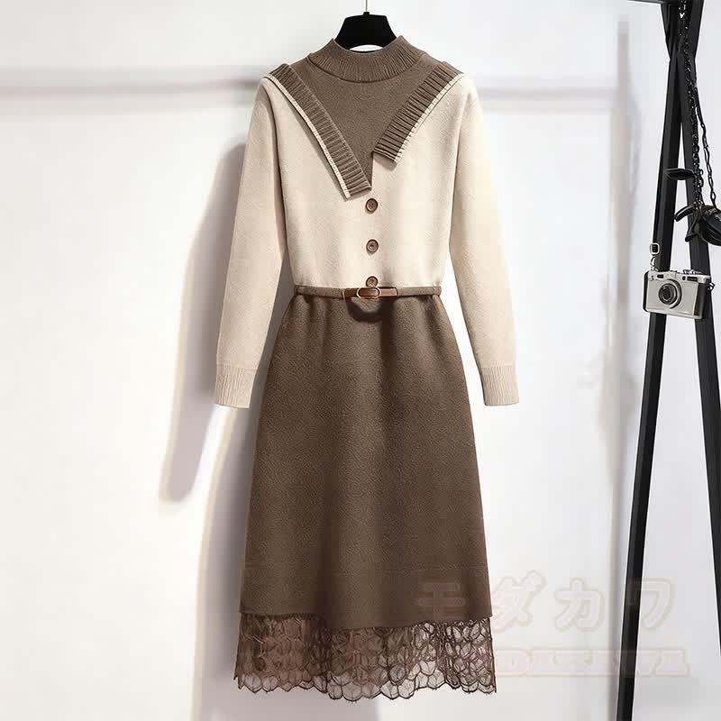 Spitzenstrickgürtel-Pulloverkleid - Braun - XL - image 1