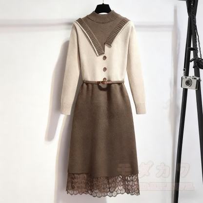 Spitzenstrickgürtel-Pulloverkleid - Braun - XL - image 1