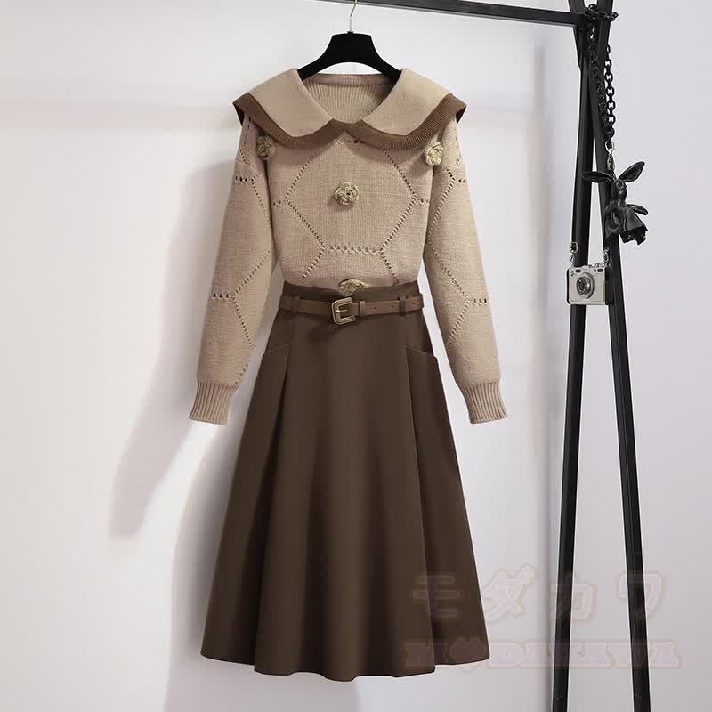 Zweiteiliger Pullover mit 3D-Blumenmuster, Gürtel und Rock - Satz - XL - image 1