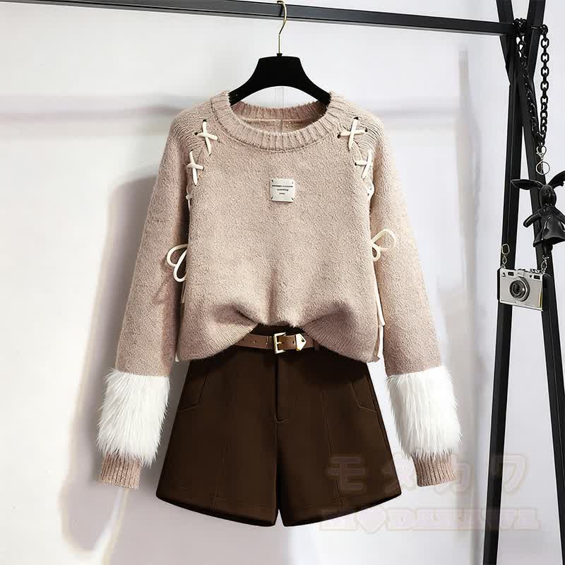 Zweiteiler aus Strickpullover, Gürtel und Shorts - Satz - XL - image 1