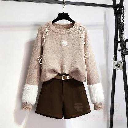 Zweiteiler aus Strickpullover, Gürtel und Shorts - Satz - XL - image 1