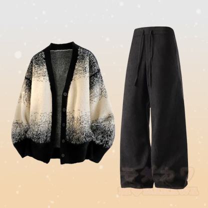 Zweiteiliger Cardigan mit Farbverlauf, Strickjacke, Hosen mit Taschen - Satz A - 3XL - image 1