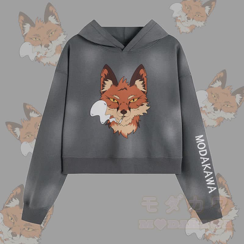 MODAKAWA Smoking Fox Graphic Unisex Vintage Washed Hoodie - Grau - XL - image 2