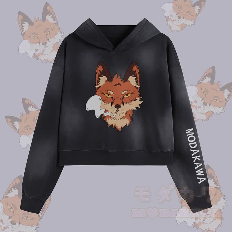 MODAKAWA Smoking Fox Graphic Unisex Vintage Washed Hoodie - Schwarz - XL - image 1