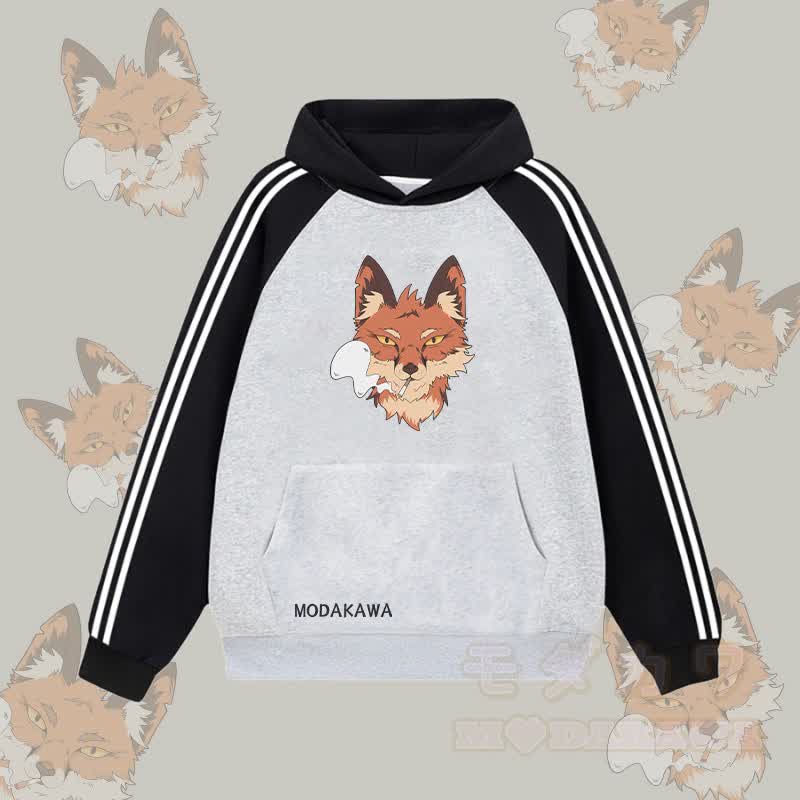MODAKAWA Smoking Fox Graphic Farben Block Fleece Lined Hoodie - Grau - 2XL - image 1