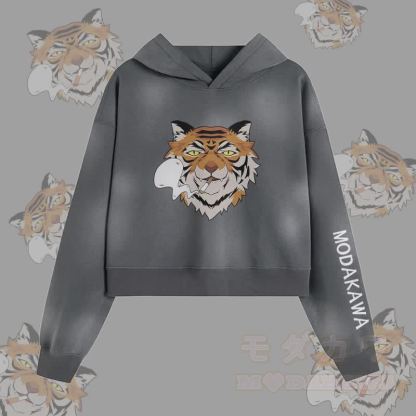 MODAKAWA Smoking Tiger Graphic Unisex Vintage Washed Hoodie - Grau - XL - image 2
