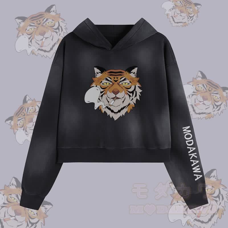 MODAKAWA Smoking Tiger Graphic Unisex Vintage Washed Hoodie - Schwarz - XL - image 1