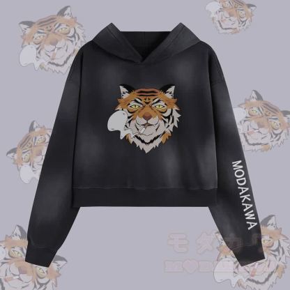 MODAKAWA Smoking Tiger Graphic Unisex Vintage Washed Hoodie - Schwarz - XL - image 1