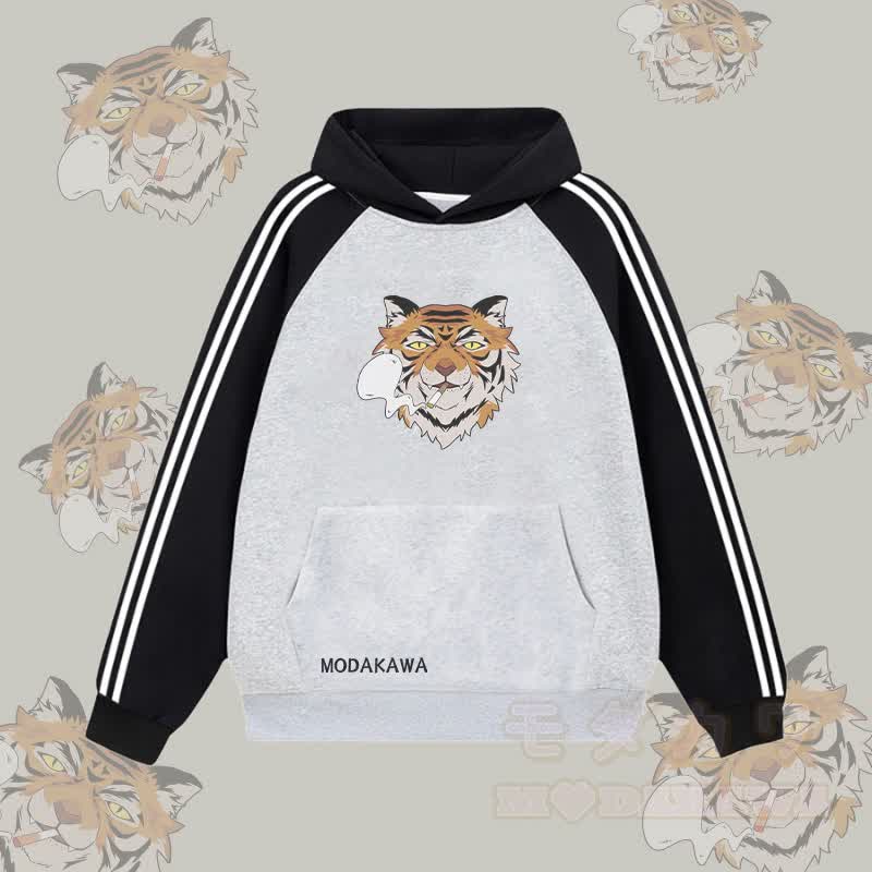 MODAKAWA Smoking Tiger Graphic Farben Block Fleece Lined Hoodie - Grau - 2XL - image 2