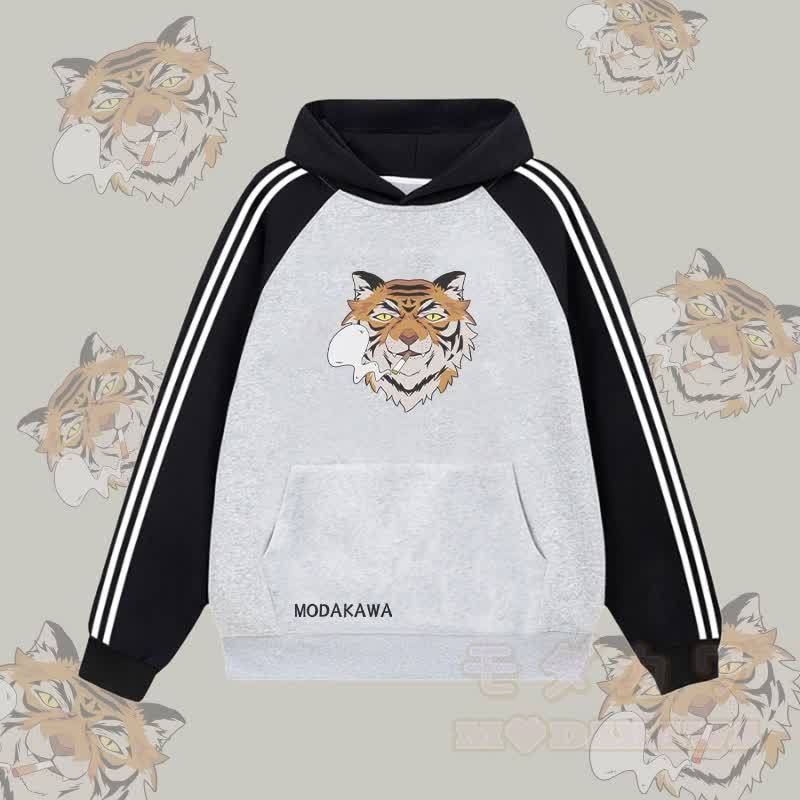 MODAKAWA Smoking Tiger Graphic Farben Block Fleece Lined Hoodie - Grau - 2XL - image 2