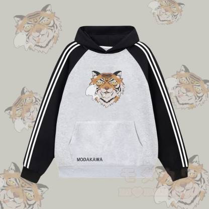 MODAKAWA Smoking Tiger Graphic Farben Block Fleece Lined Hoodie - Grau - 2XL - image 2