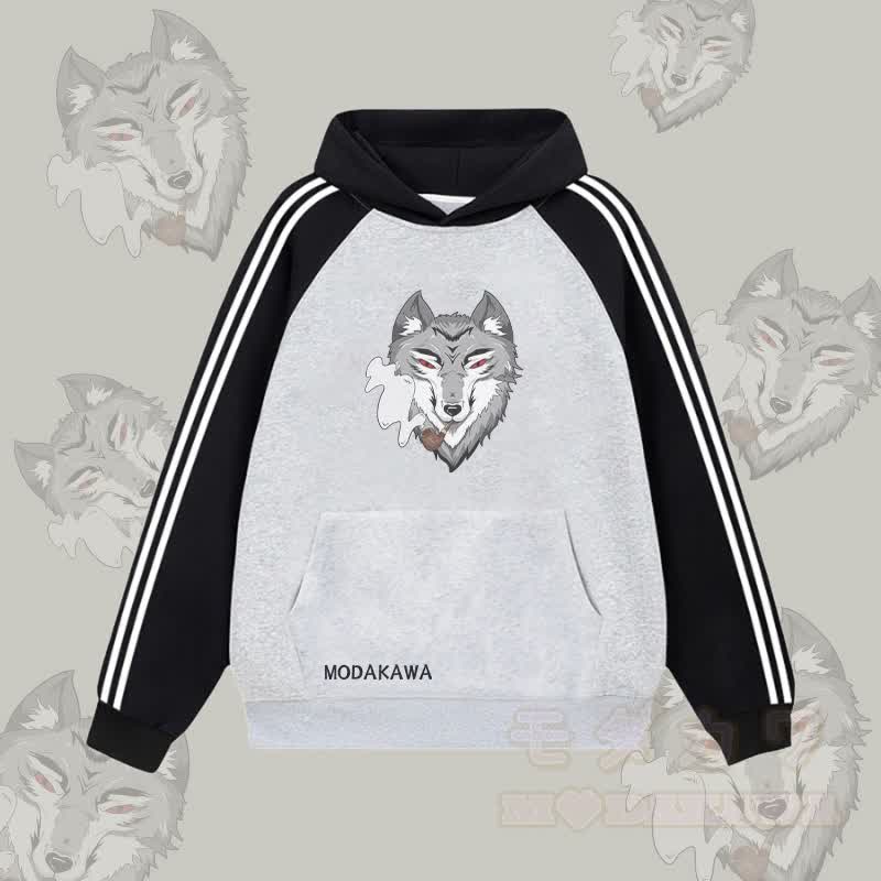 MODAKAWA Smoking Wolf Graphic Farben Block Fleece Lined Hoodie - Grau - 2XL - image 2