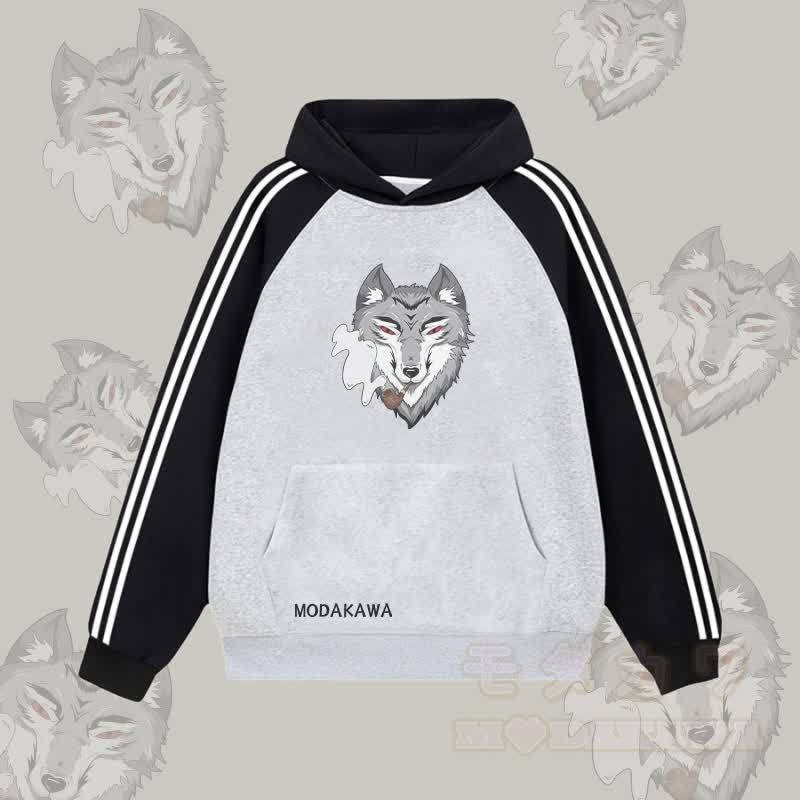 MODAKAWA Smoking Wolf Graphic Farben Block Fleece Lined Hoodie - Grau - 2XL - image 2