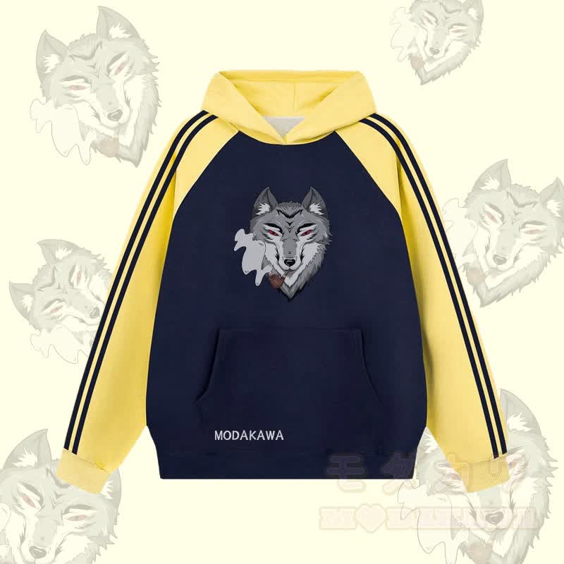 MODAKAWA Smoking Wolf Graphic Farben Block Fleece Lined Hoodie - Purpurblau - 2XL - image 1