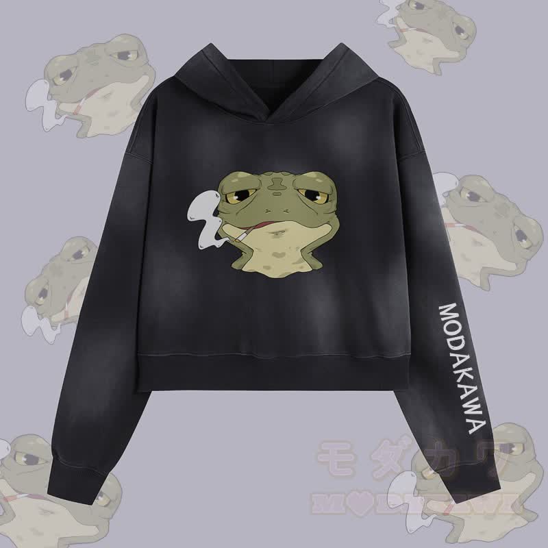 MODAKAWA Smoking Frog Graphic Unisex Vintage Washed Hoodie - Schwarz - XL - image 2
