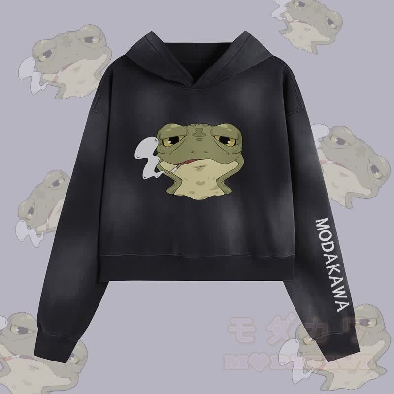 MODAKAWA Smoking Frog Graphic Unisex Vintage Washed Hoodie - Schwarz - XL - image 2