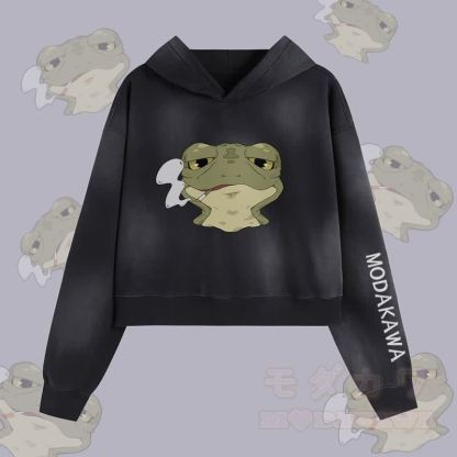 MODAKAWA Smoking Frog Graphic Unisex Vintage Washed Hoodie - Schwarz - XL - image 2
