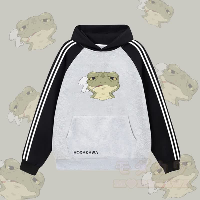 MODAKAWA Smoking Frog Graphic Farben Block Fleece Lined Hoodie - Grau - 2XL - image 2