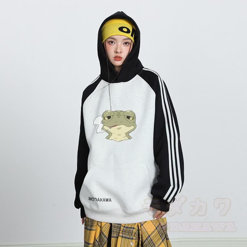 MODAKAWA Smoking Frog Graphic Farben Block Fleece Lined Hoodie - image 1