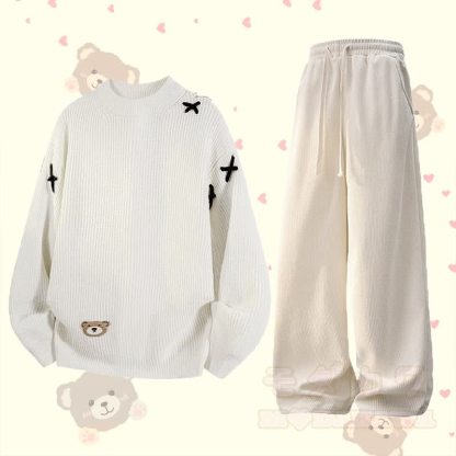 Zweiteiliges Set: Strickpullover mit Bärenmotiv, Hose mit Taschen - Beige - 3XL - image 1