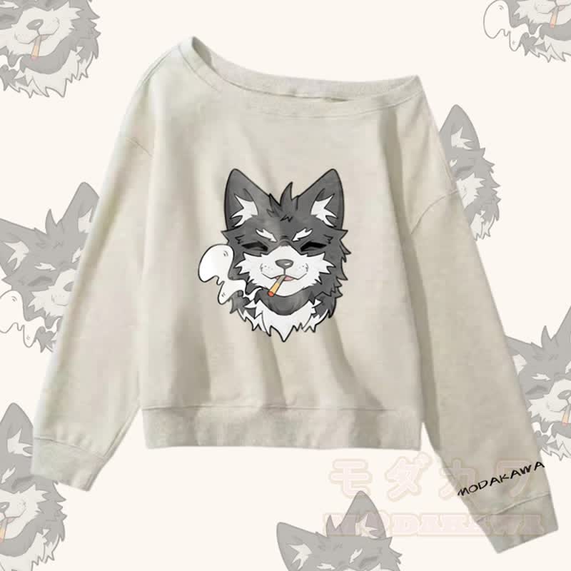 MODAKAWA Smoking Puppy Grafik Off Shoulder Sweatshirt - Grau - L - image 2