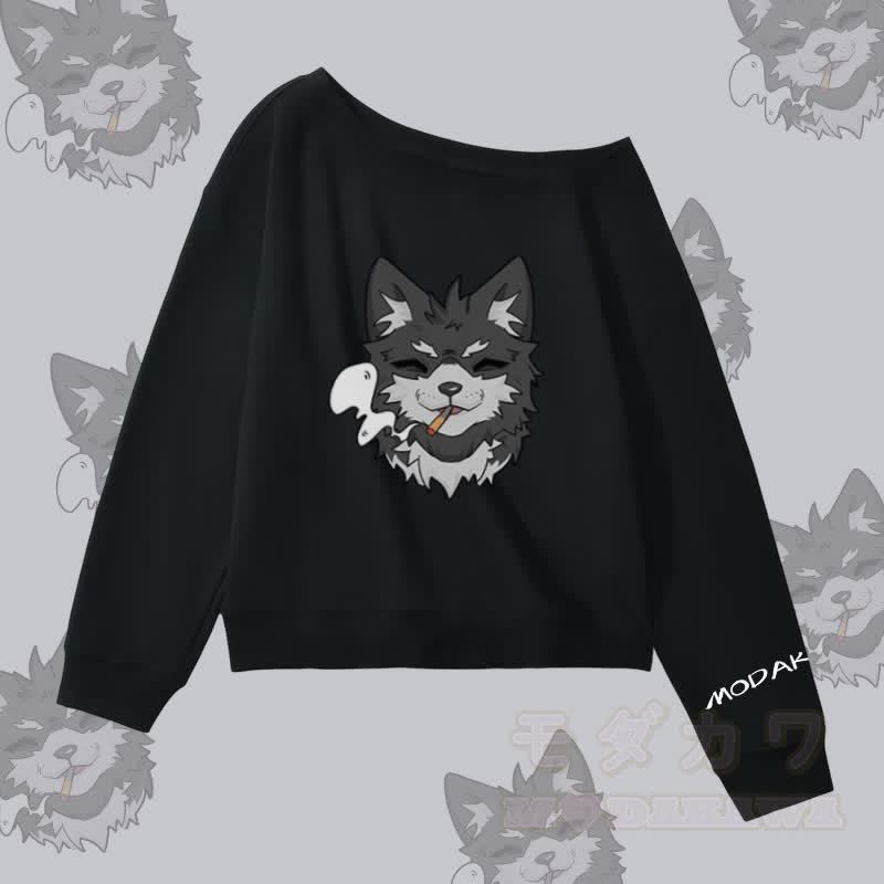 MODAKAWA Smoking Puppy Grafik Off Shoulder Sweatshirt - Schwarz - L - image 1