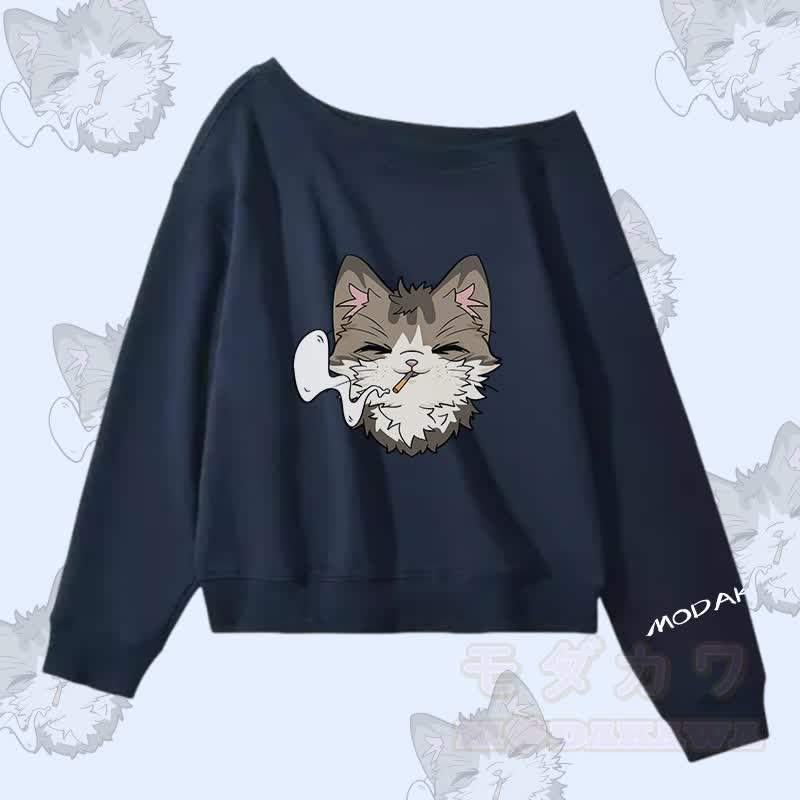MODAKAWA Smoking Cat Graphic Off Shoulder Sweatshirt - Purpurblau - L - image 2