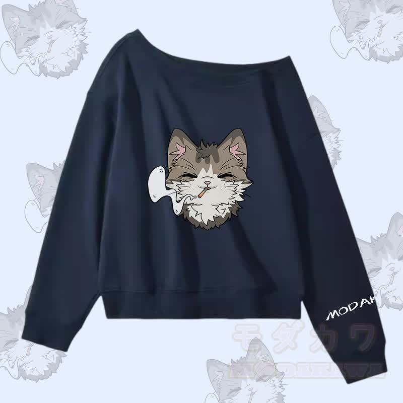 MODAKAWA Smoking Cat Graphic Off Shoulder Sweatshirt - Purpurblau - L - image 2