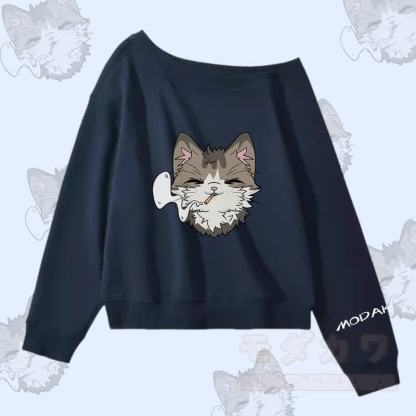 MODAKAWA Smoking Cat Graphic Off Shoulder Sweatshirt - Purpurblau - L - image 2